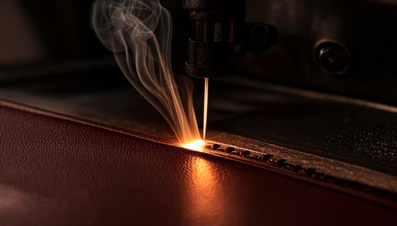 A CO₂ laser beam cutting through oxblood leather, glowing amber