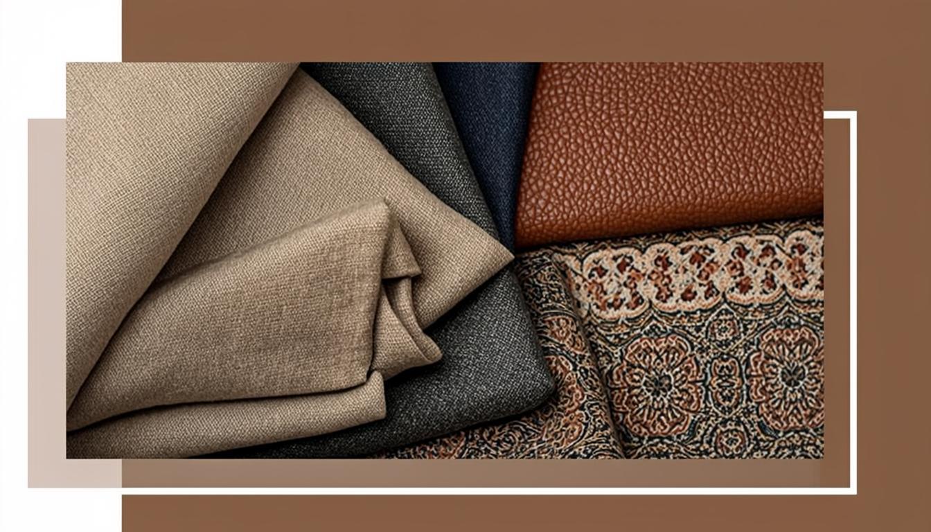 Folded fabrics and leather swatches arranged on a bone linen surface